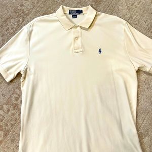 Men’s short sleeve cream color with blue polo embroidered emblem